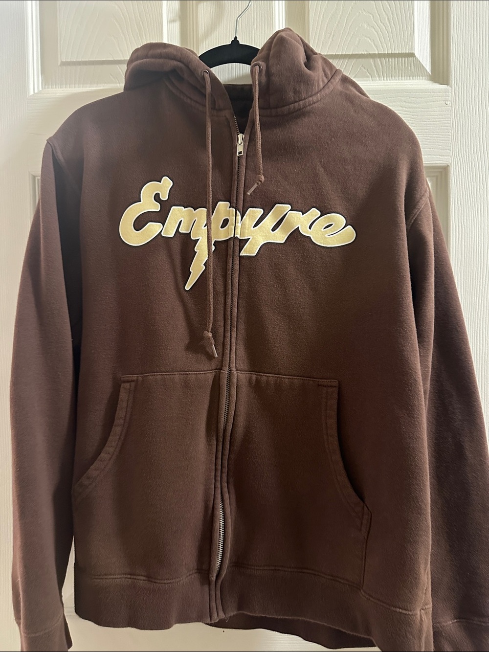 Men’s Medium Brown 'Empire' Zip-Up Hoodie with Cream Script